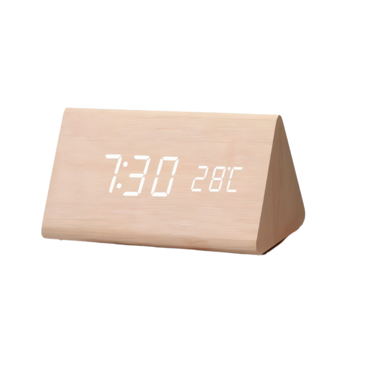 Horloge numérique de chevet, réveil LED avec design contemporain et indication de température.