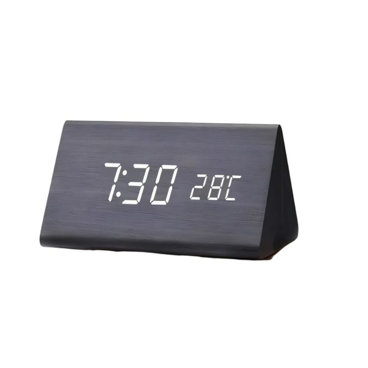 Réveil LED blanc design moderne, horloge numérique minimaliste avec affichage température.