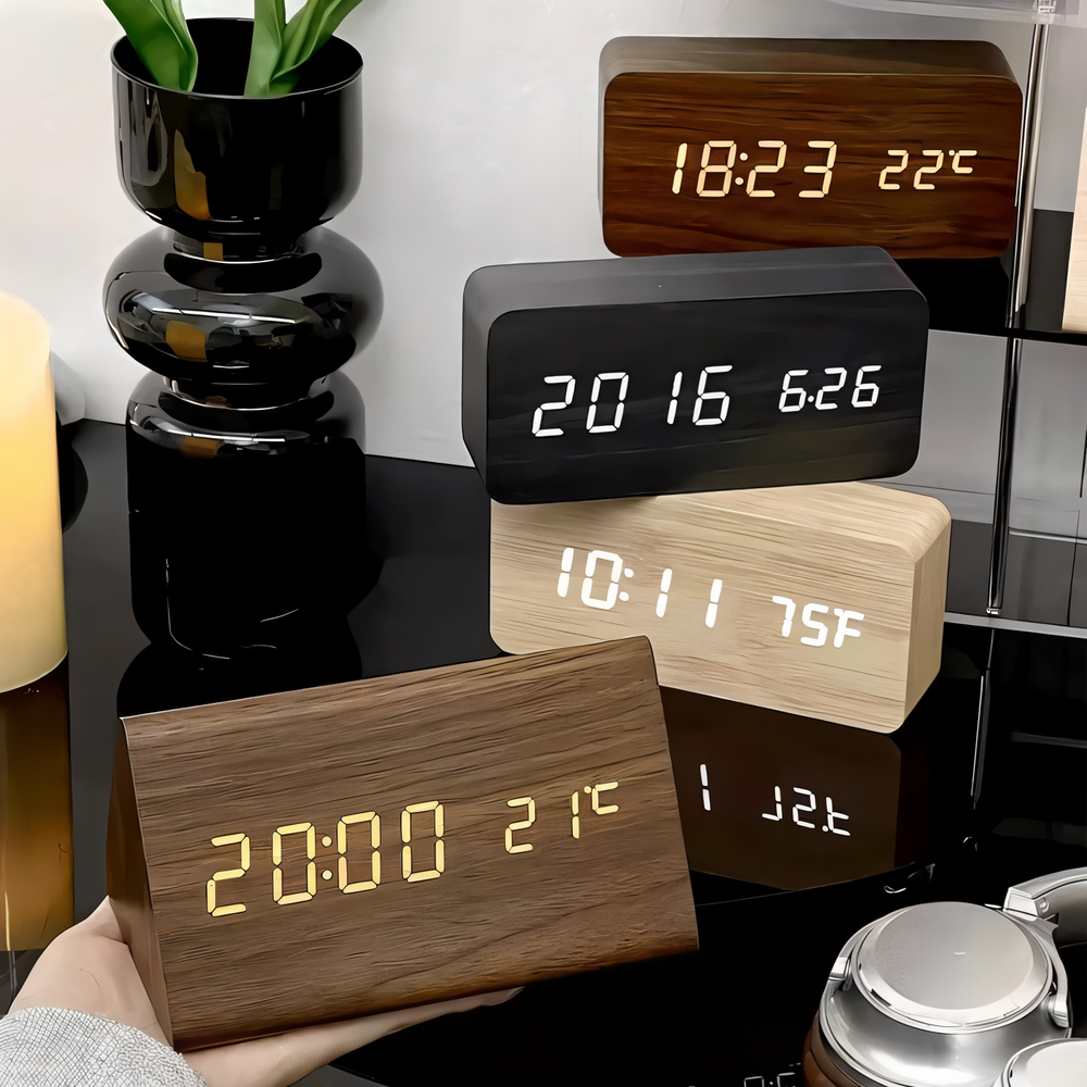 Horloge digitale LED design minimaliste, avec température, pour décoration intérieure.