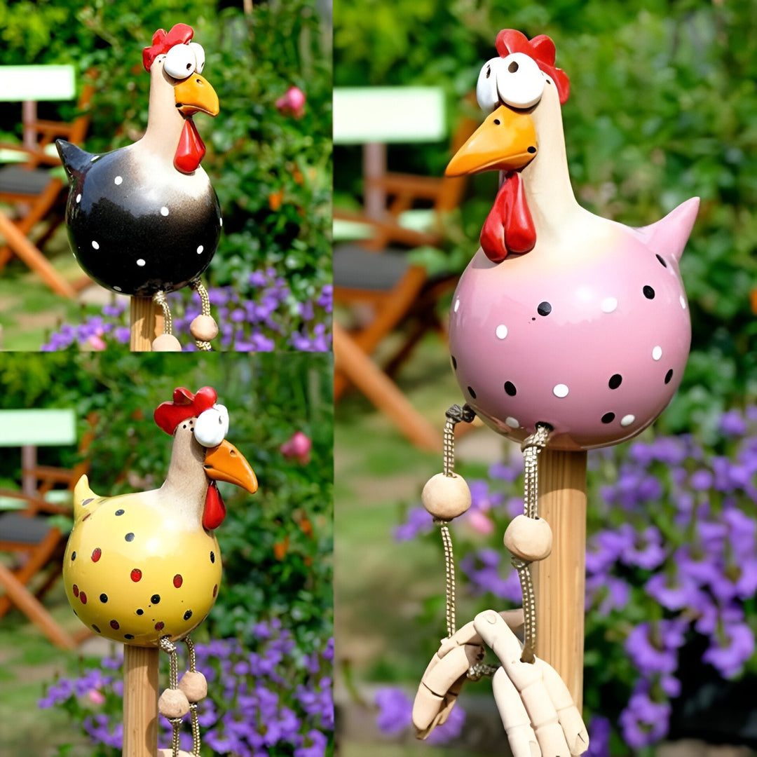 Décoration de jardin coq fantaisie en résine, jambes articulées, touche d'humour.