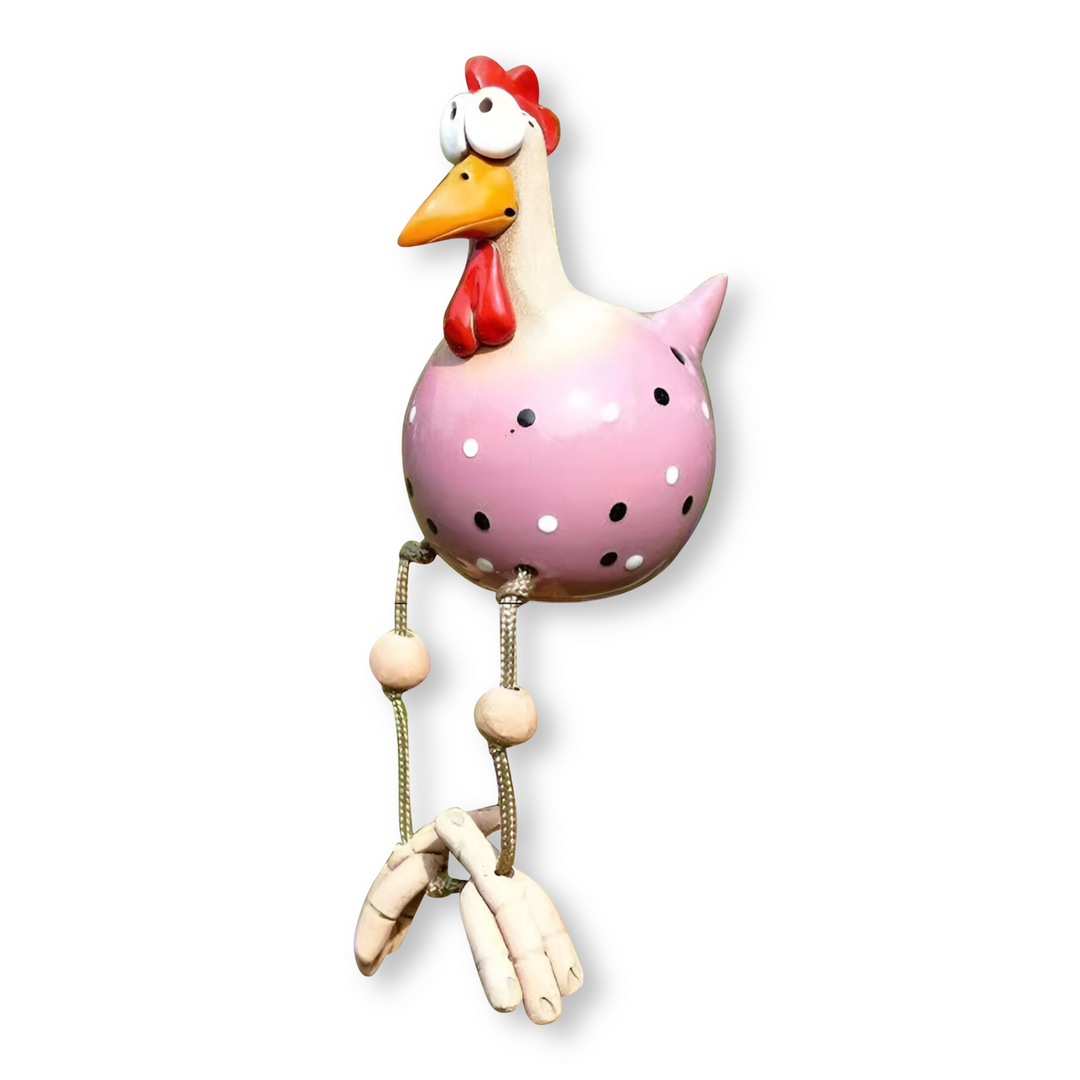 Coq de jardin humoristique en résine, jambes balançantes, pour une touche d'originalité.