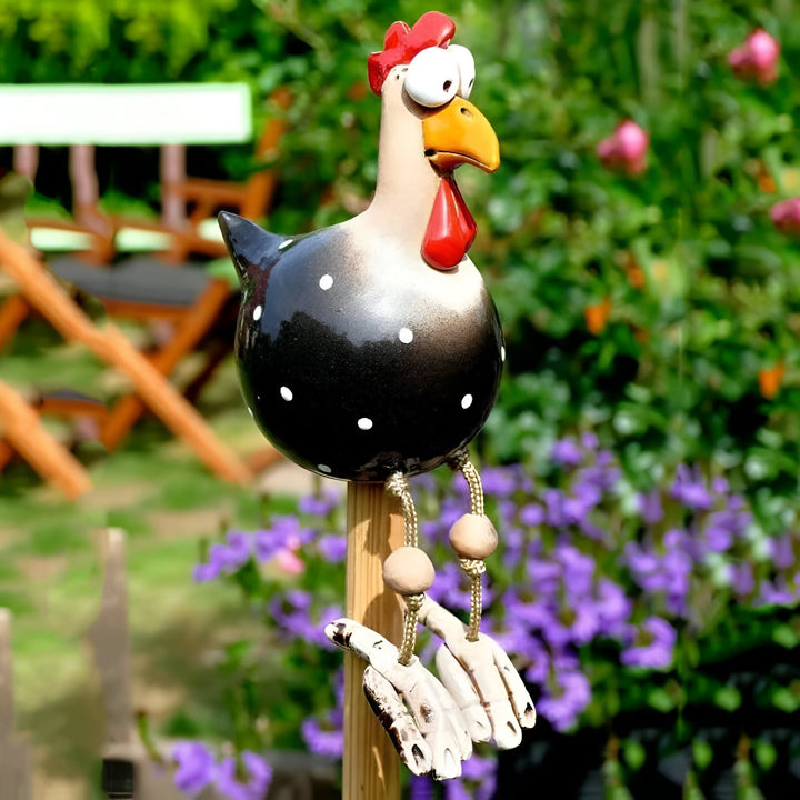 Figurine coq drôle pour extérieur, résine, jambes qui se balancent, ambiance joyeuse.