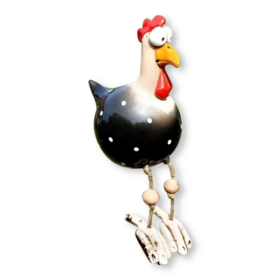 Coq de jardin animé en résine, pattes balantes, ajoute du charme et de l'humour.