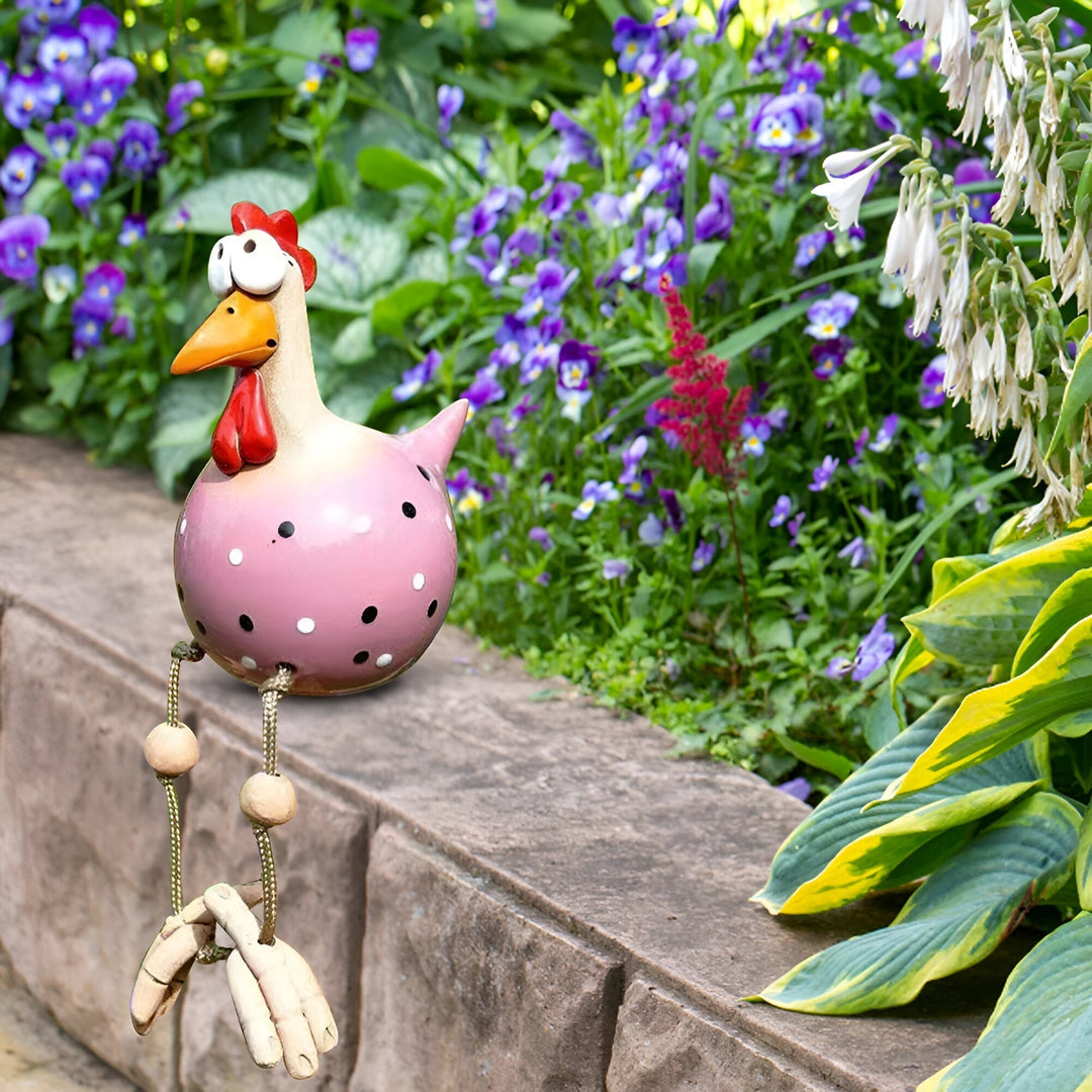 Figurine de coq humoristique pour jardin, balcon, en résine avec jambes pendantes.