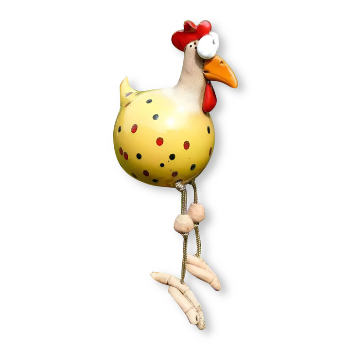 Figurine de coq fantaisie, jambes pendues, décoration de jardin amusante et colorée.
