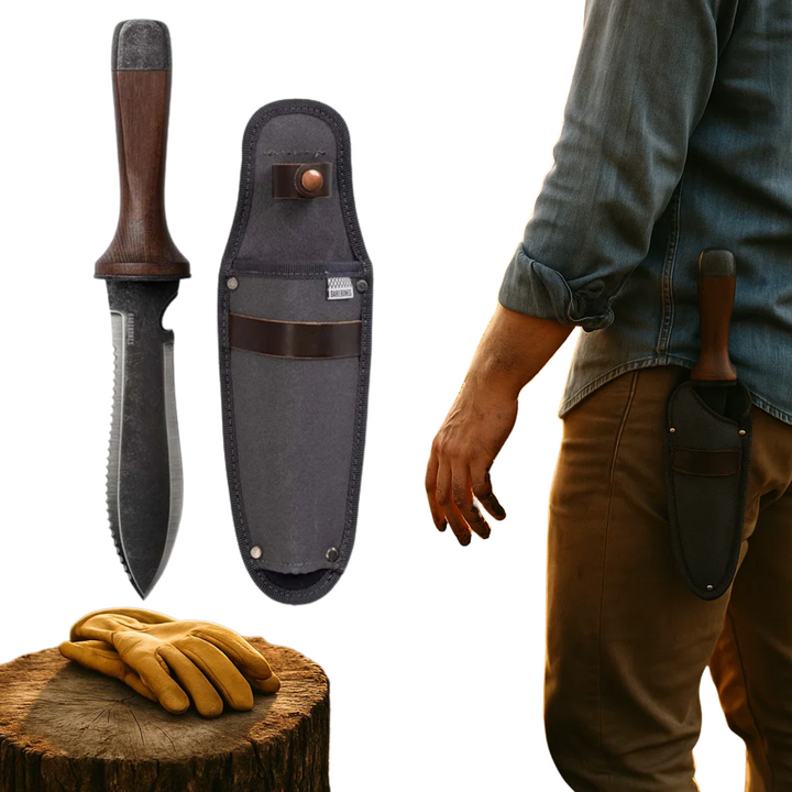Couteau Hori Hori Ultime anti-rouille pour jardinage, lame inoxydable et manche en noyer élégant.