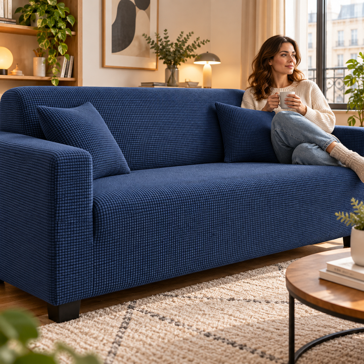 Textile maison: housse canapé élastique, anti-taches, pet friendly, facile à installer.