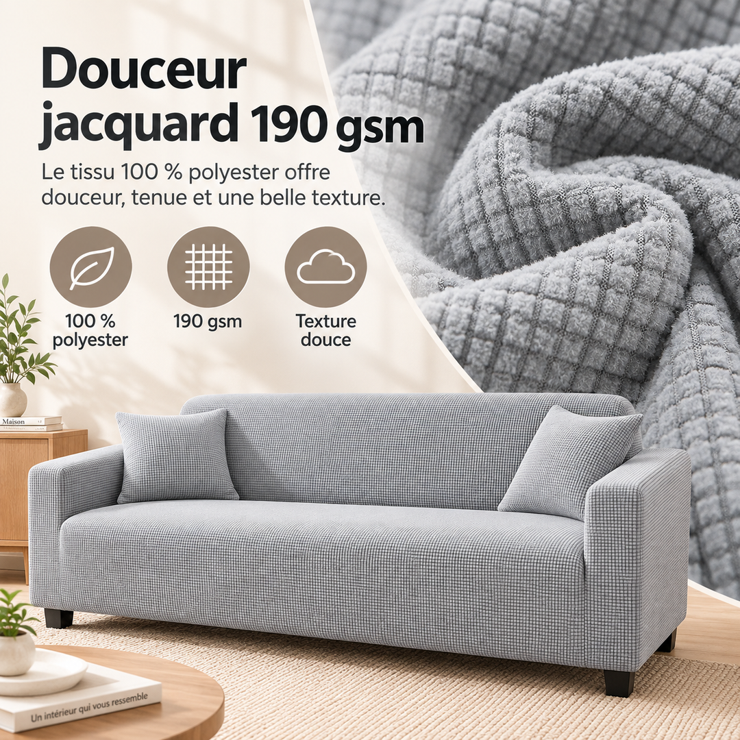 Housse canapé jacquard, protection meuble et décoration salon moderne, facile d'entretien.