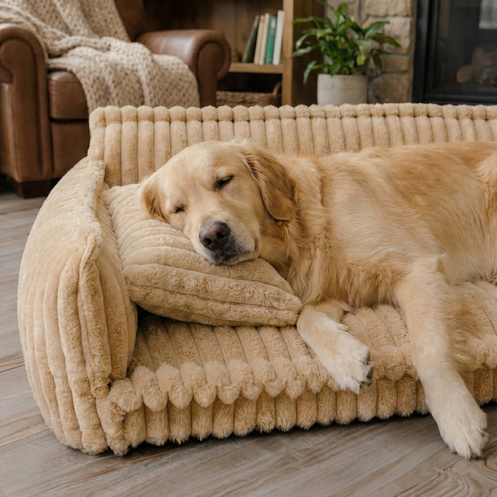 Image d'un chien dormant paisiblement sur son canapé rayé orthopédique, confort doux.