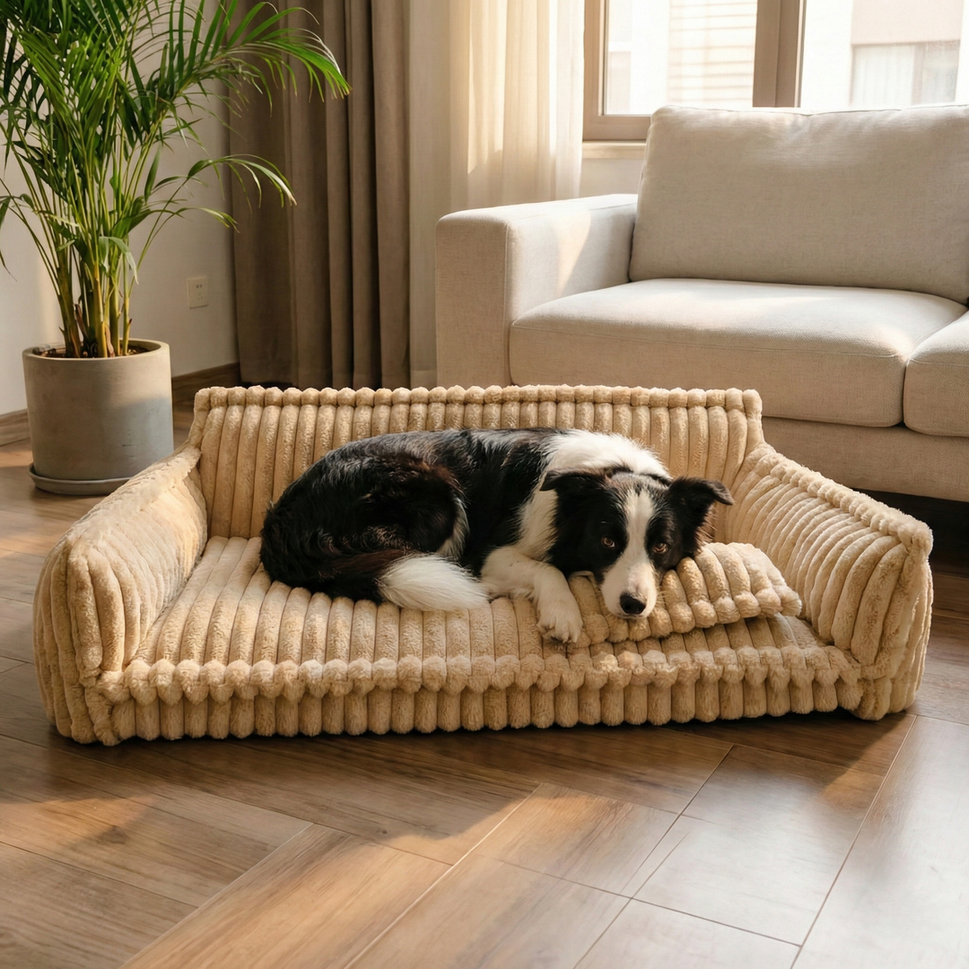Canapé chien rayé orthopédique, confort premium pour articulations sensibles. Couchage doux.