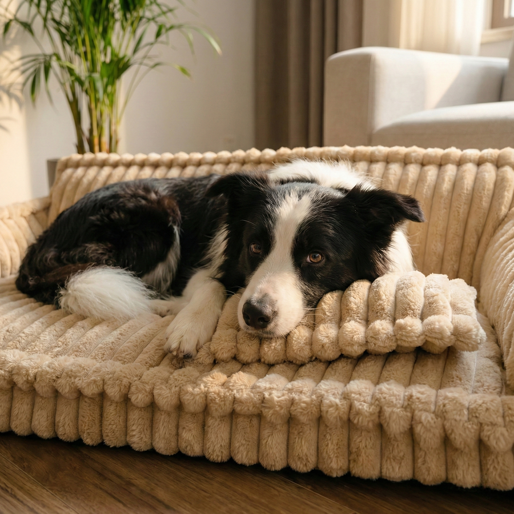 Lit douillet rayé pour chien, soutien articulaire et sommeil réparateur pour animaux domestiques.