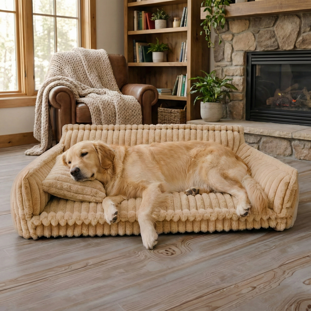 Canapé lit rayé premium pour chien, offrant un confort articulaire et un sommeil profond.