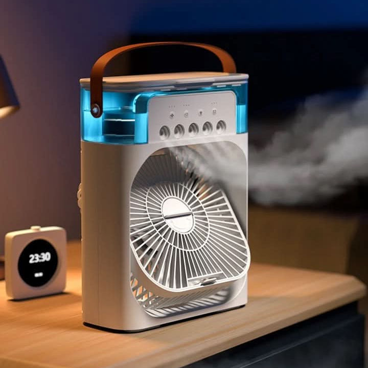 Mini humidificateur d'air et ventilateur USB pour bureau, idéal pour une chambre ou un espace personnel.