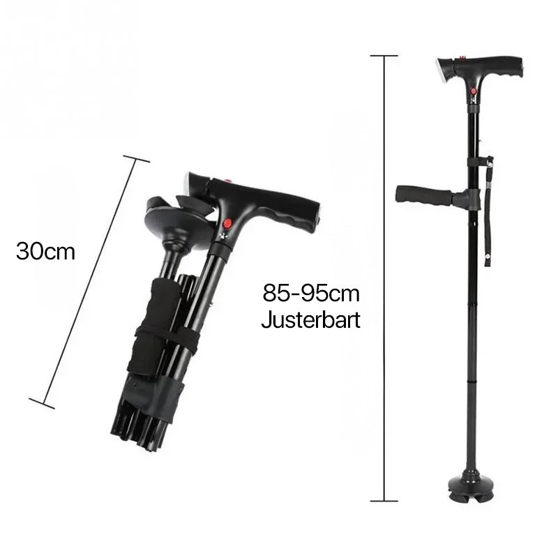 Aide à la marche sécurisée pour senior : canne pliante avec double poignée, lampe LED et alarme d'urgence.