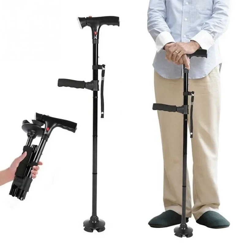 Canne pliante de sécurité pour senior avec double poignée, lampe LED intégrée et alarme. Aide à la mobilité.