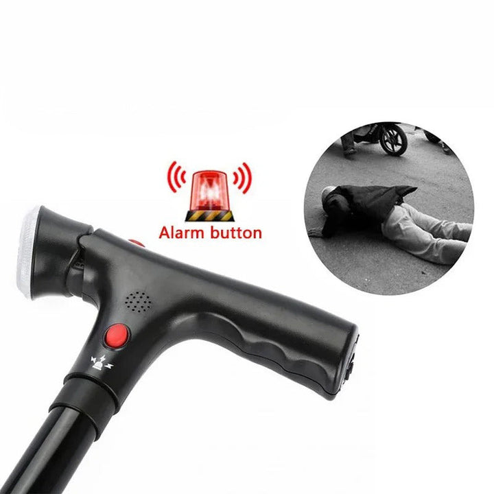 Canne pliante robuste avec double poignée ergonomique pour senior, équipée d'une lampe LED et d'une alarme.