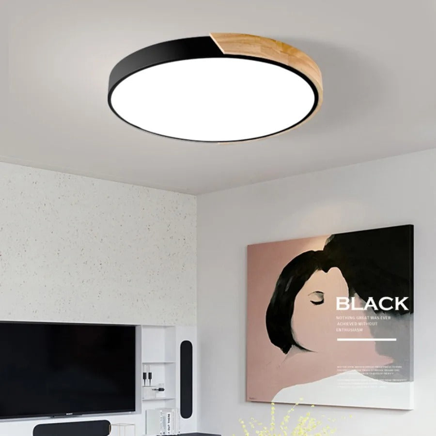 Applique plafond LED circulaire style Macaron. Design nordique épuré pour une chambre moderne.