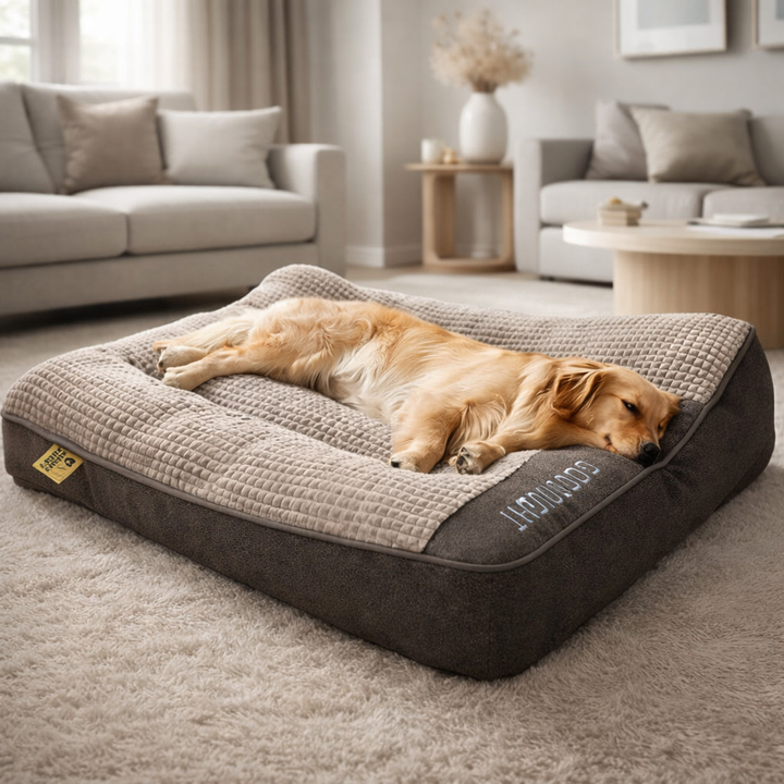 Lit orthopédique pour grand chien en mousse mémoire. Soutien articulaire luxe pour un confort optimal.
