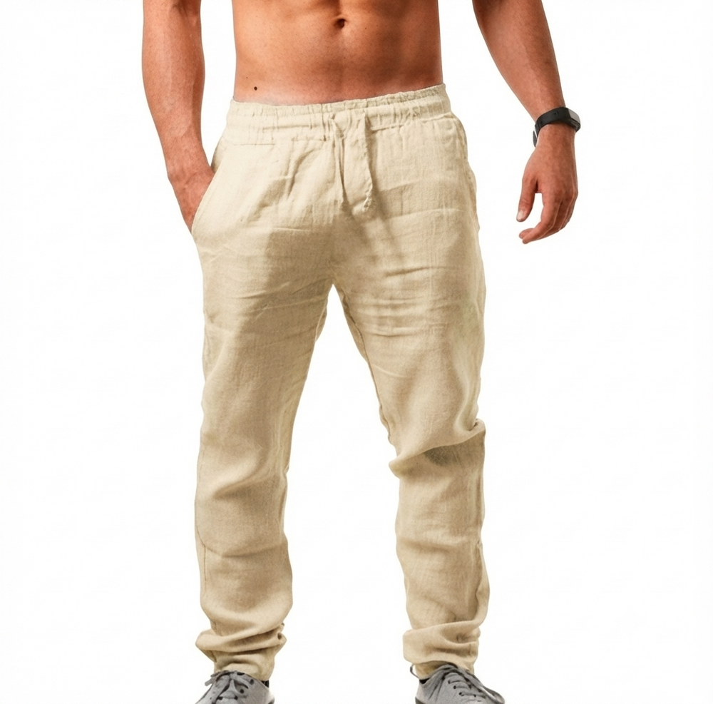 Pantalon chino lin homme, idéal pour la plage ou une tenue estivale confortable et légère.