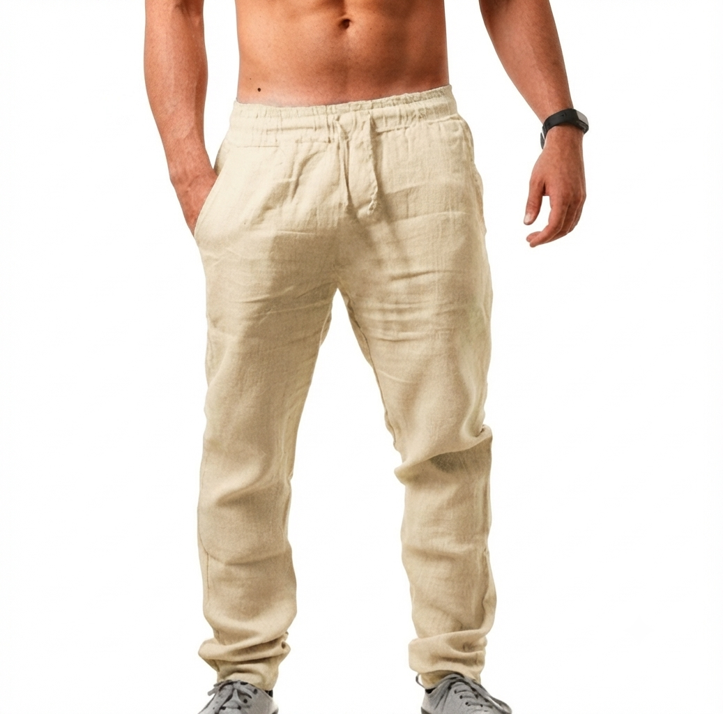 Pantalon chino lin homme, idéal pour la plage ou une tenue estivale confortable et légère.