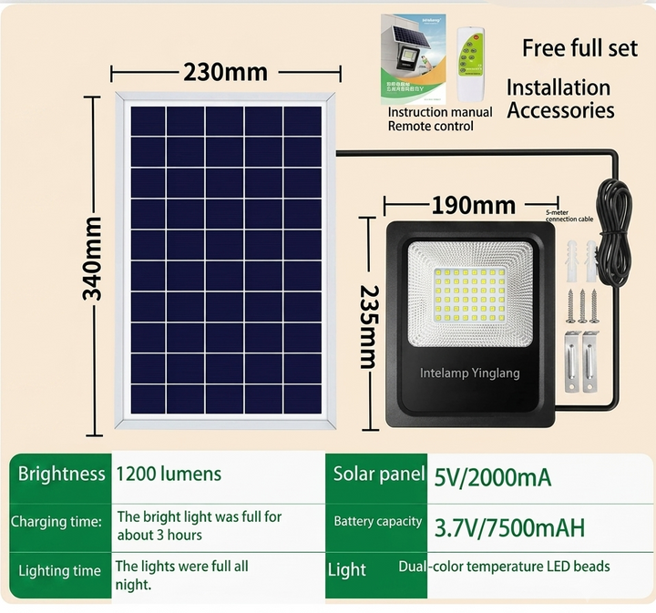 Éclairage LED solaire puissant 1200LM pour jardin, projecteur extérieur étanche IP65, idéal balcon et allée.