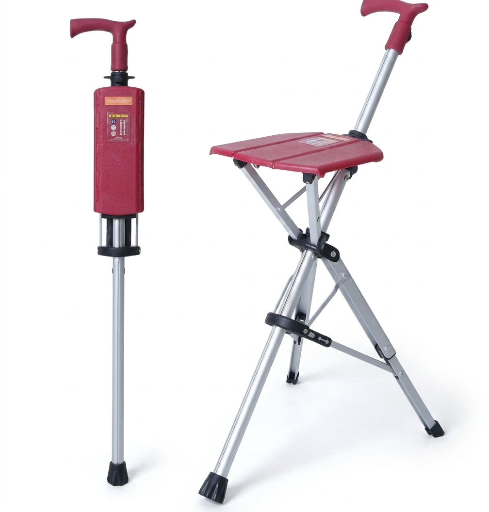 Aide à la marche CrutchSeat: tabouret pliable compact se fixant aux béquilles, pour un support rapide et léger.
