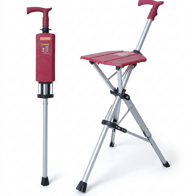 Aide à la marche CrutchSeat: tabouret pliable compact se fixant aux béquilles, pour un support rapide et léger.