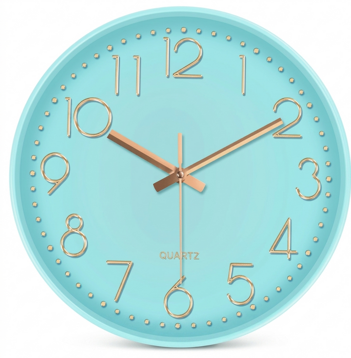 Horloge murale ronde, moderne, silencieuse, chiffres en relief pour décoration murale chic.