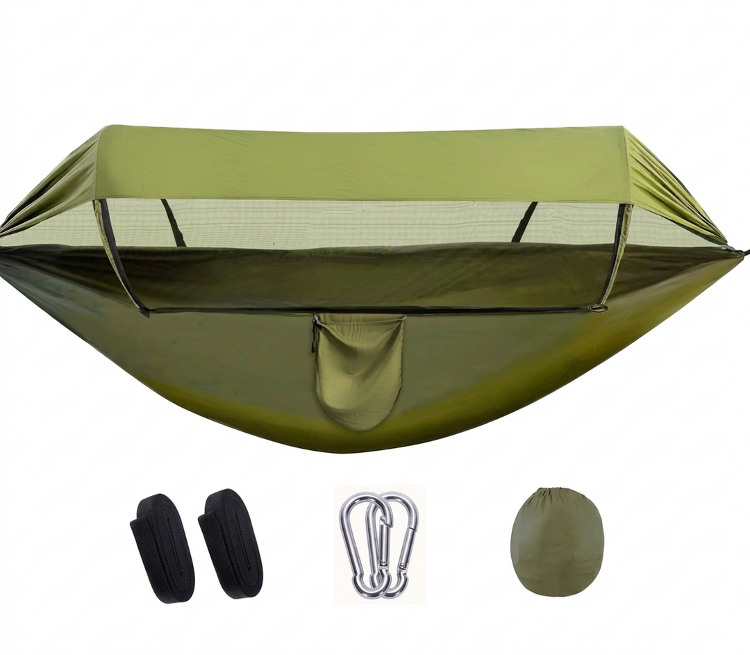 Hamac de camping anti-insectes et pare-soleil en nylon vert armée, idéal pour la randonnée et l'extérieur.