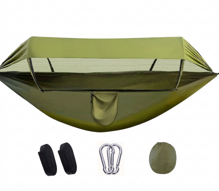 Hamac de camping anti-insectes et pare-soleil en nylon vert armée, idéal pour la randonnée et l'extérieur.