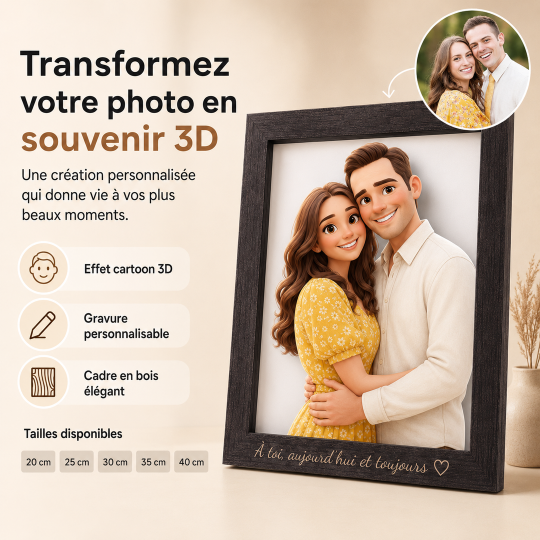 Cadre photo personnalisé effet 3D cartoon pour immortaliser les moments précieux en famille.