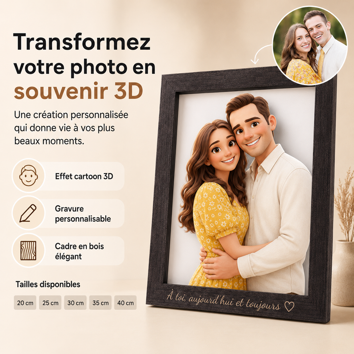 Cadre photo personnalisé effet 3D cartoon pour immortaliser les moments précieux en famille.