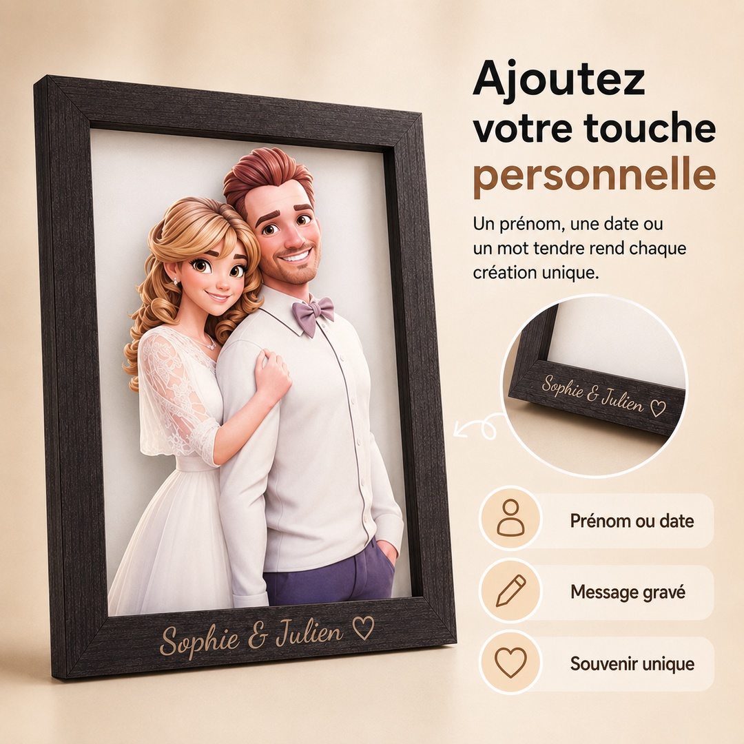 Cadre photo personnalisé InstaCharm, effet 3D cartoon. Un souvenir unique pour votre couple.