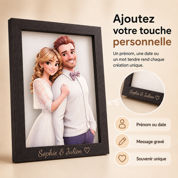 Cadre photo personnalisé InstaCharm, effet 3D cartoon. Un souvenir unique pour votre couple.