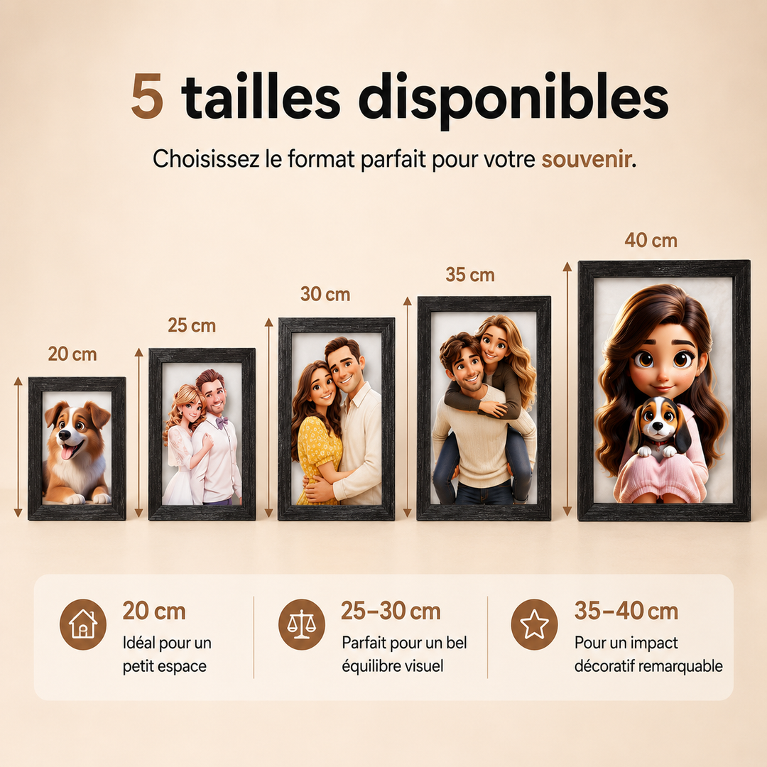 Art mural unique : cadre photo personnalisé en bois avec effet 3D cartoon. Décoration maison.