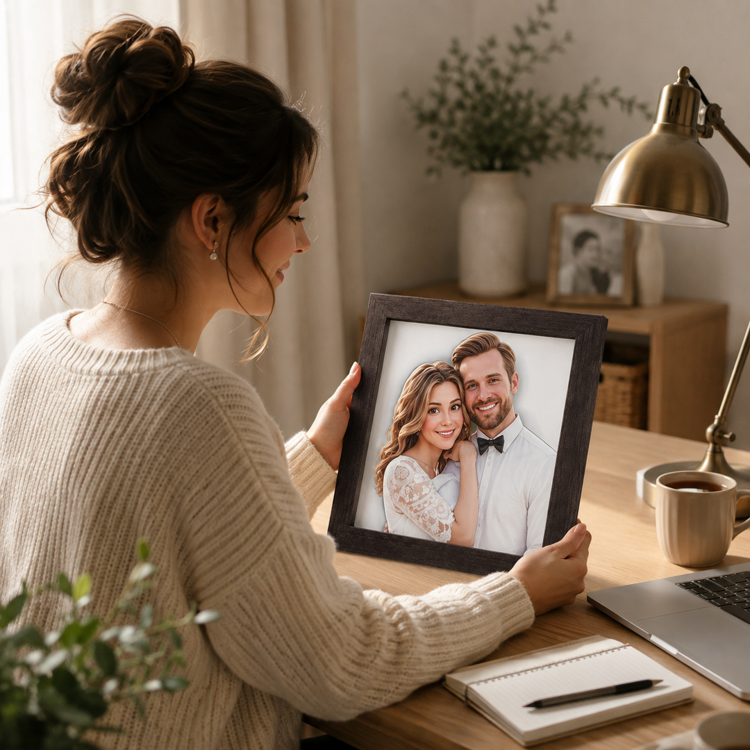 Idée cadeau : cadre photo personnalisé effet 3D cartoon. Parfait pour anniversaire ou mariage.