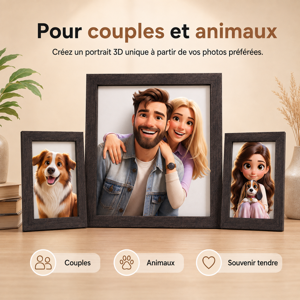 Cadeau personnalisé unique : cadre photo avec effet 3D cartoon pour couples. Souvenir mémorable.