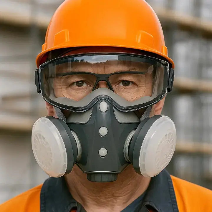 Masque respiratoire avec lunettes intégrées pour protection anti-poussière. Idéal pour travail du bois et peinture, réutilisable.