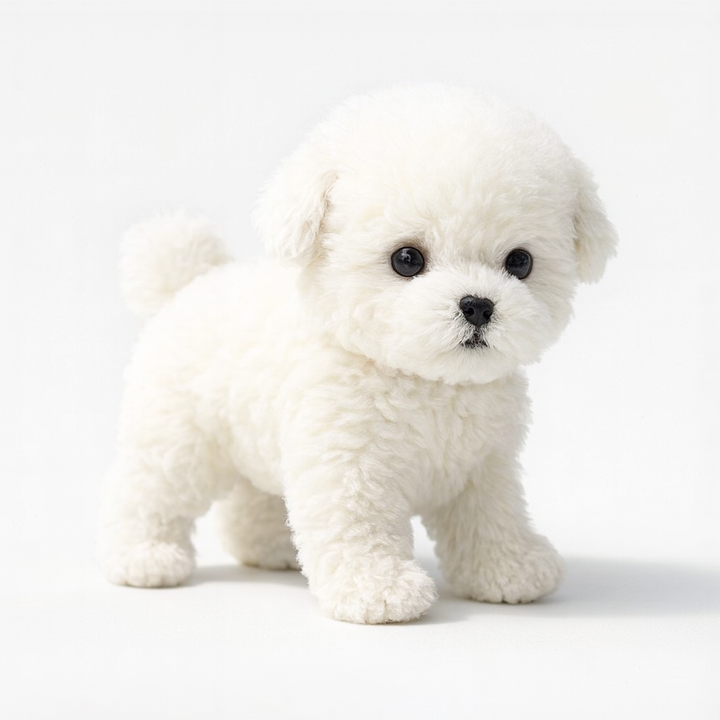 Fille câlinant un chiot en peluche blanc interactif, compagnon réconfortant pour enfant.