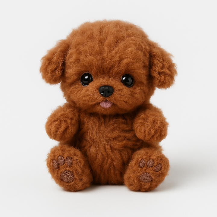 Enfant jouant avec un chiot interactif marron, une peluche réactive et réaliste.