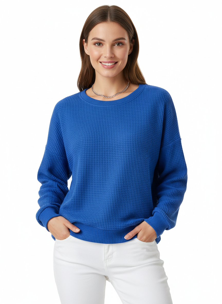 Pull femme oversize en maille gaufrée, confortable et décontracté, idéal pour le quotidien.