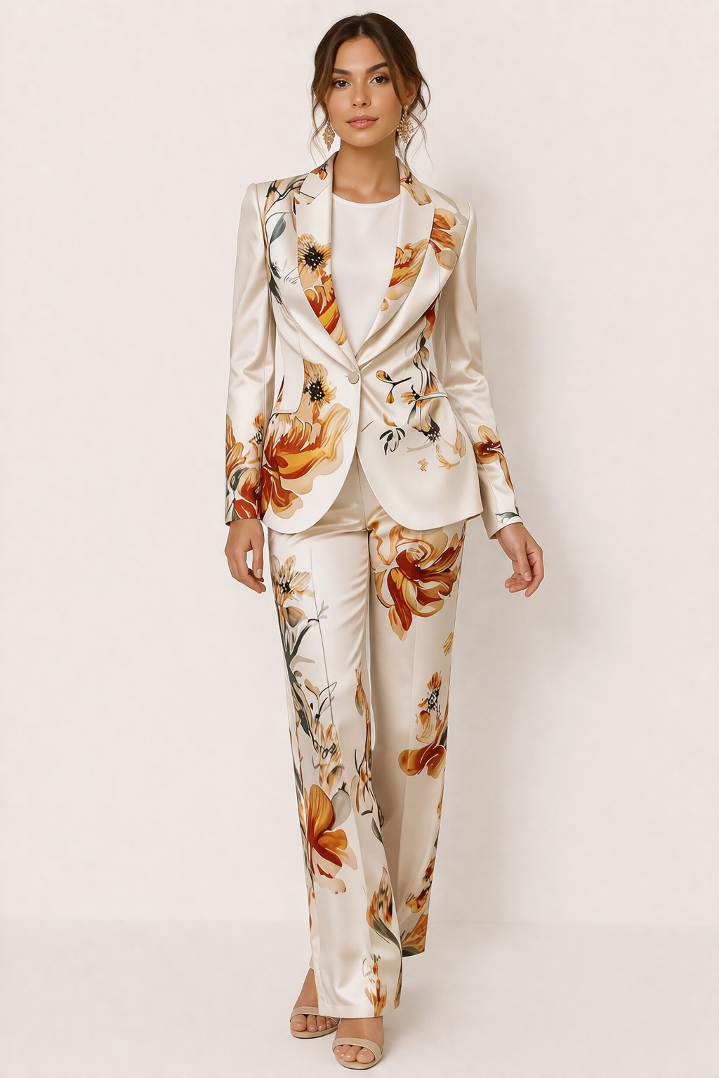 Pantalon floral fluide élégant pour femme, assorti au blazer, idéal pour la mode estivale chic.