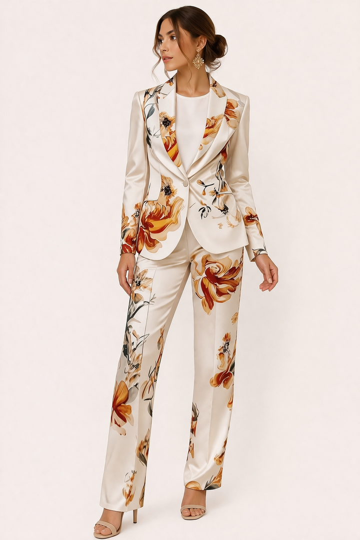Ensemble blazer-pantalon floral chic pour femme, motif élégant, parfait pour le printemps/été.