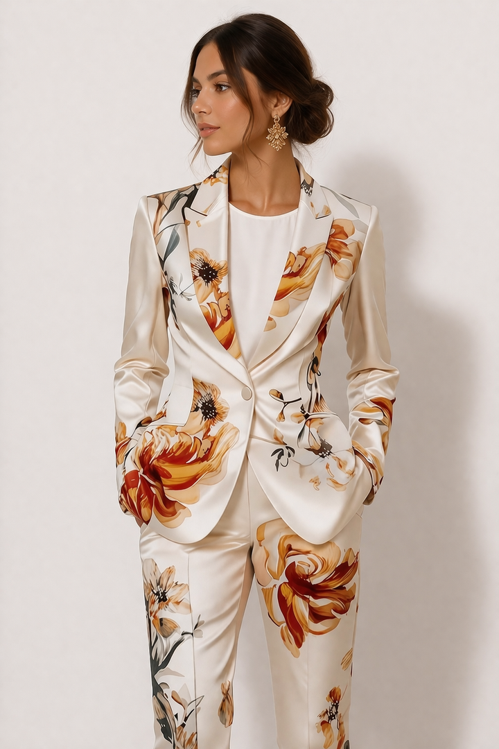Détail du motif floral élégant sur l'ensemble blazer-pantalon chic pour femme, tendance printemps.
