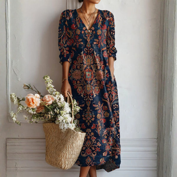 Robe femme élégante à motif abstrait vintage imprimé, chic et confortable pour automne et soirée décontractée.