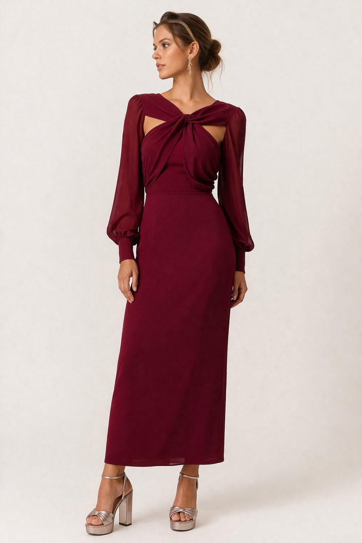Robe midi élégante rouge pour femme avec nœud devant, manches longues. Parfaite pour soirée ou tenue décontractée chic.