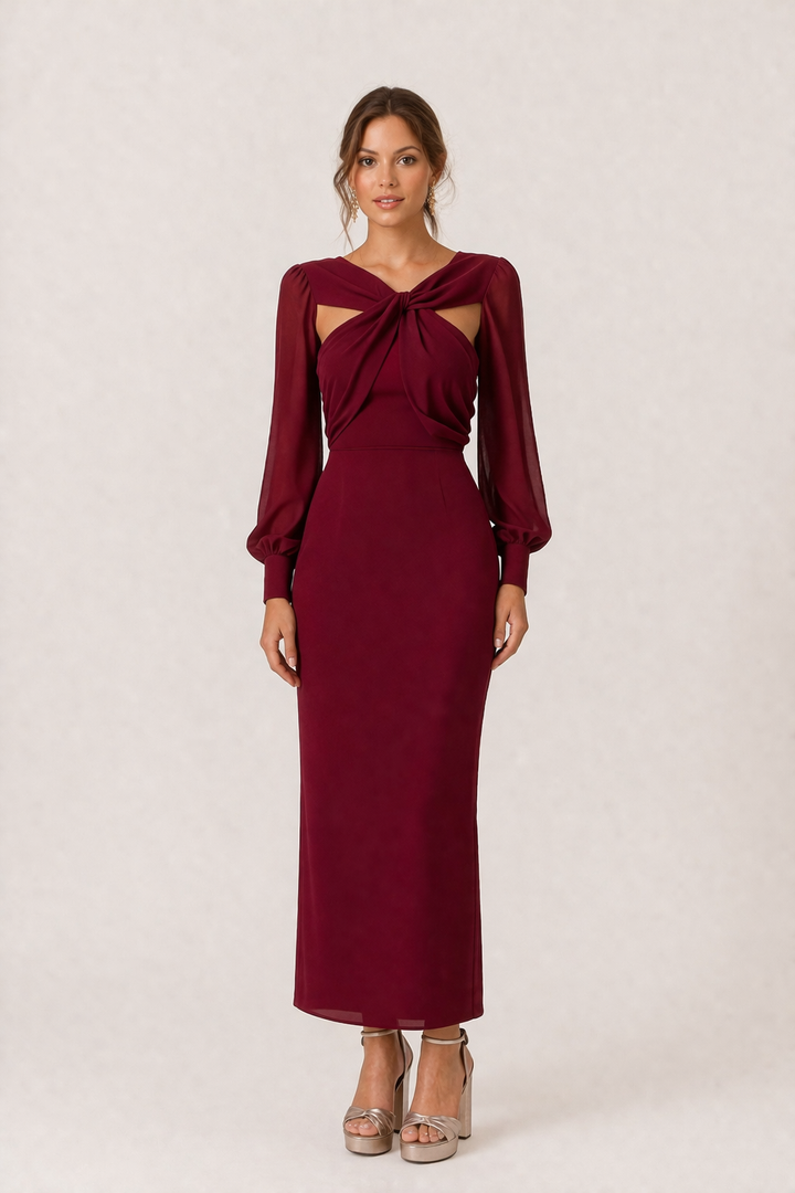 Robe midi femme chic et polyvalente, avec nœud décoratif et manches longues. Confortable pour toutes les occasions.