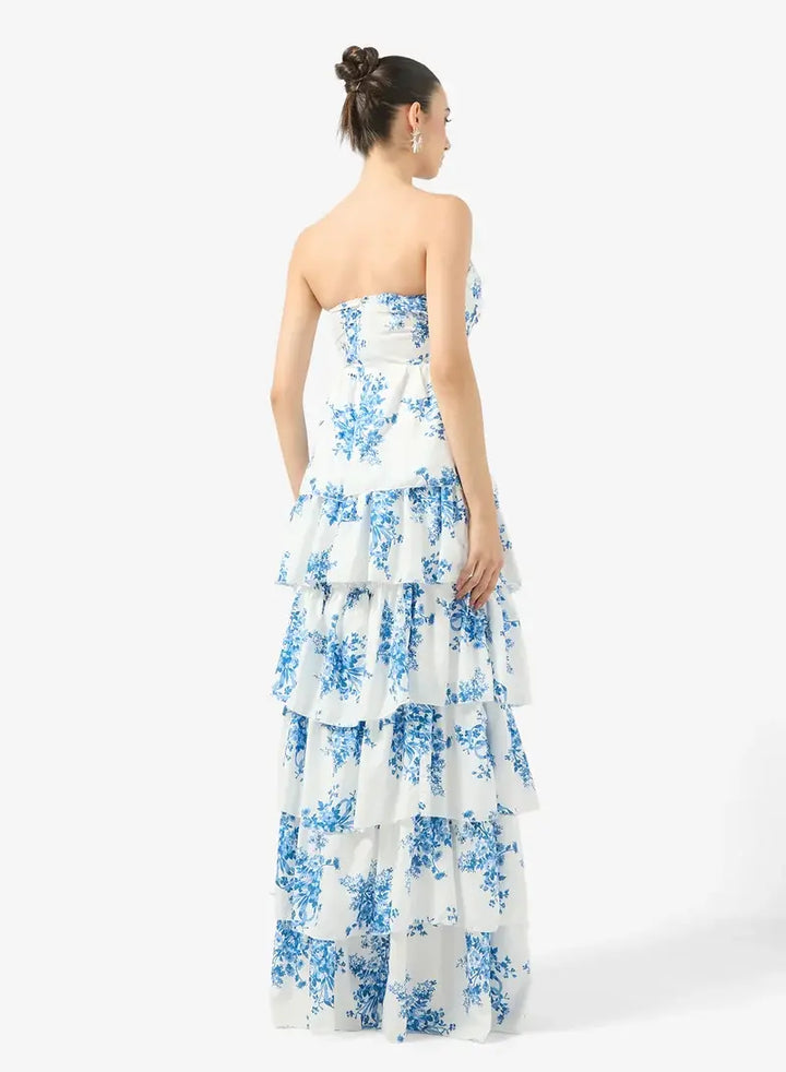 Magnifique robe longue femme imprimé floral bleu, fente audacieuse, style élégant, idéale pour événements.
