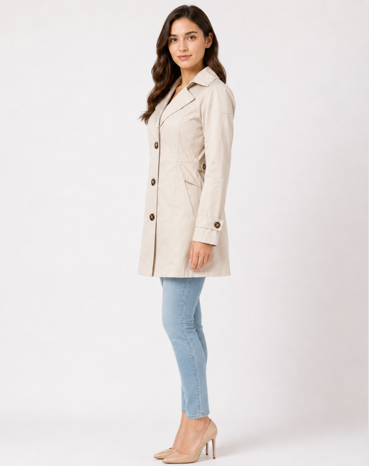Mannequin portant un trench-coat femme beige, look automne/printemps, élégant et décontracté.