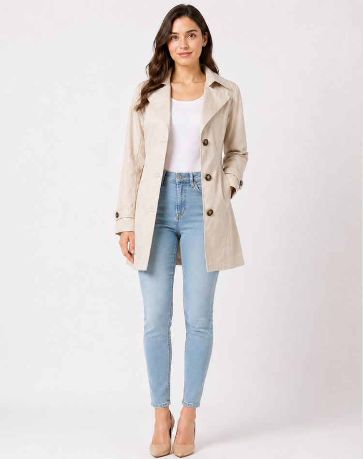 Trench-coat intemporel femme beige classique, parfait pour printemps/automne, élégant et polyvalent.